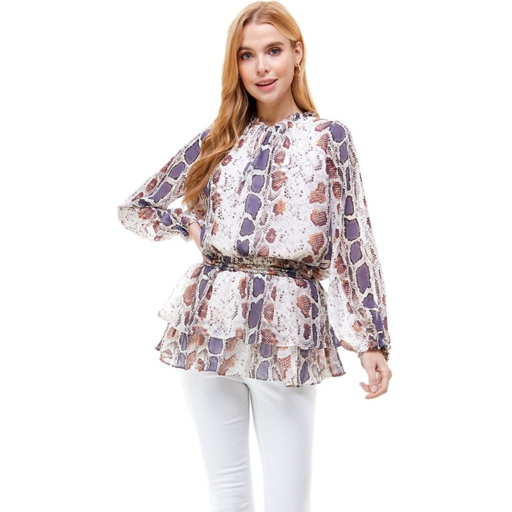 TCEC | NWOT | Animal Printed Boho Ruffle Tunic Top | Purple | S | CD01379